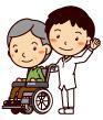 白い服を着た男性が高齢者が乗っている車いすのそばに立っているイラスト